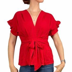 MAX STUDIO Red Belted Ruffle Sleeve V-Neck Top S